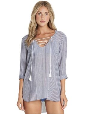 NWT Billabong Same Story Swimsuit Cover Up Blue Striped Lace Up Hooded Medium